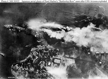 Japanese aerial photo of Pearl Harbor's "Battleship Row" soon after USS Arizona Exploded